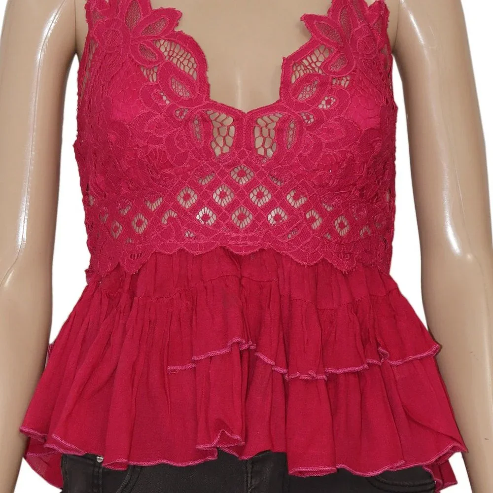 Free People Adella Cami Pink Lace Ruffled Tank Top Rose Hypnotic